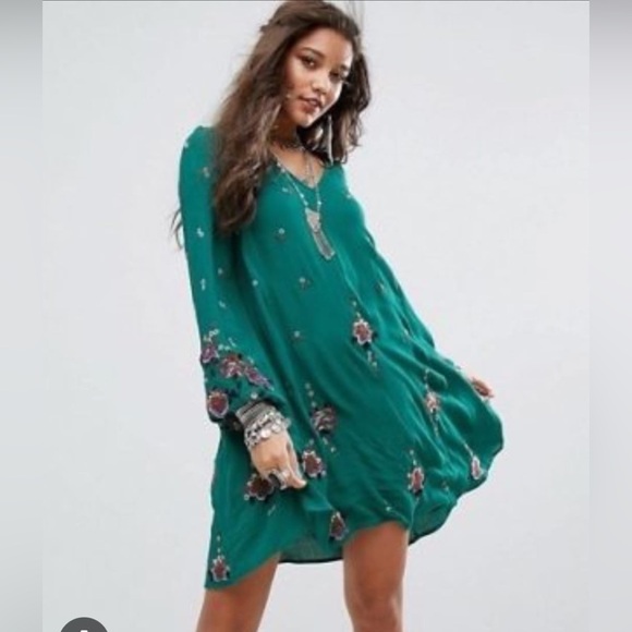 Free People Teal Floral Long Sleeve Dress - Picture 1 of 15